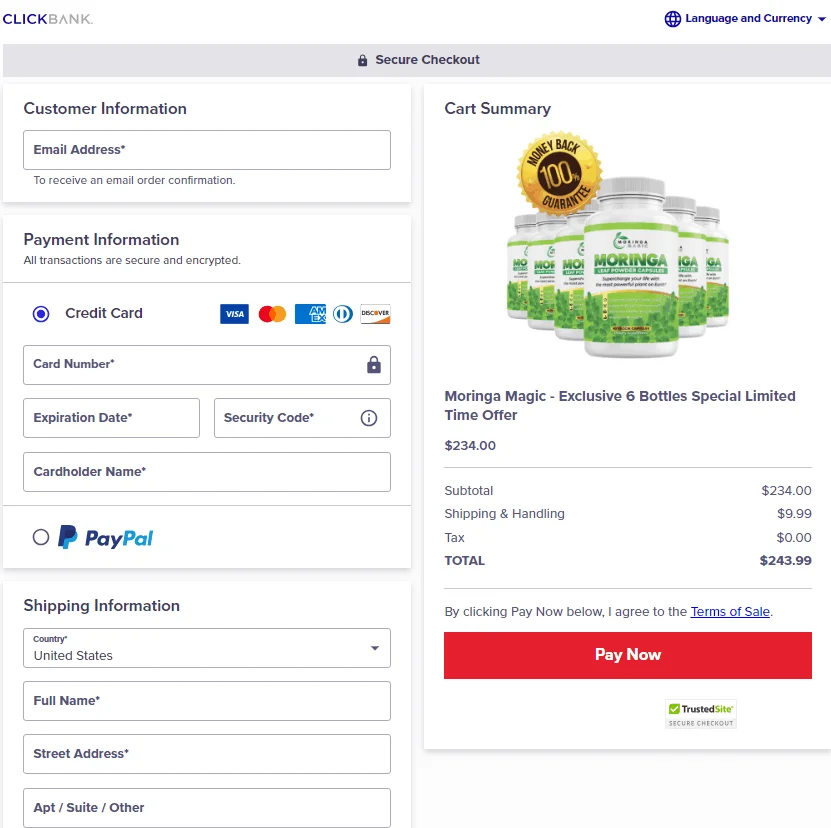 Moringa Magic checkout page